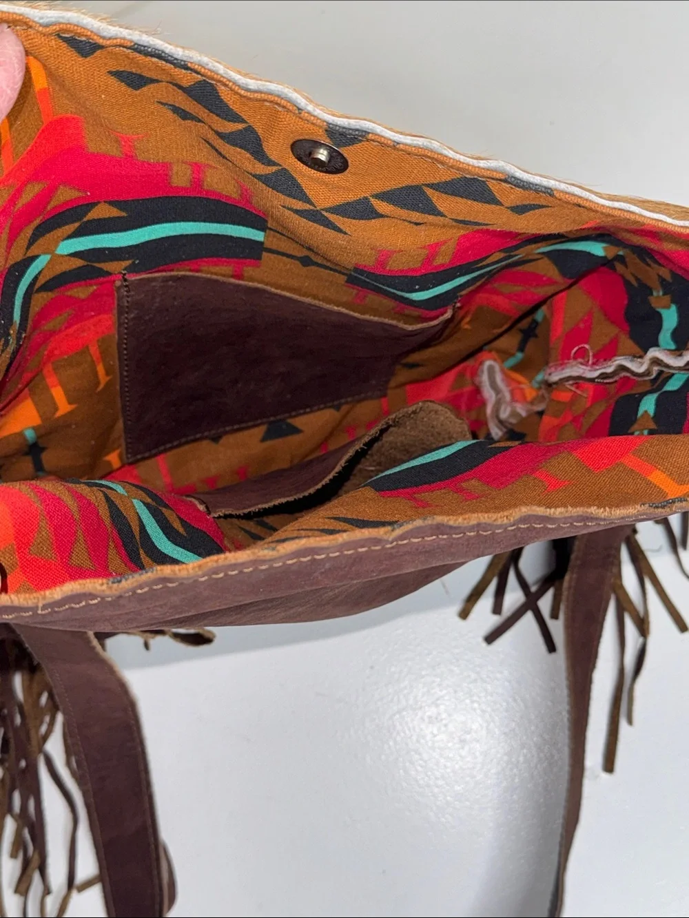 Brown and Tan Leather Fringe Hobo Bag with Turquoise Accent